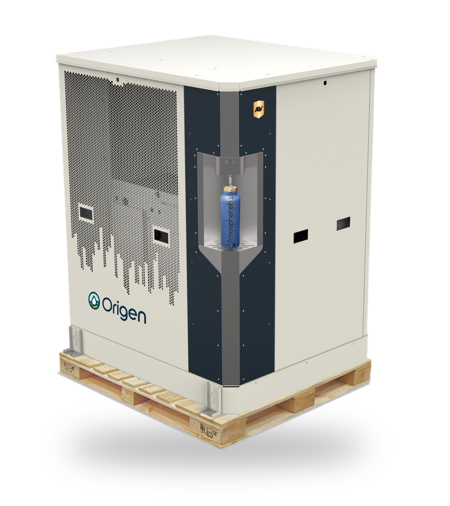 Origen Wellspring AWG100 atmospheric water generator on a shipping pallet, three-quarter view, with feature callouts