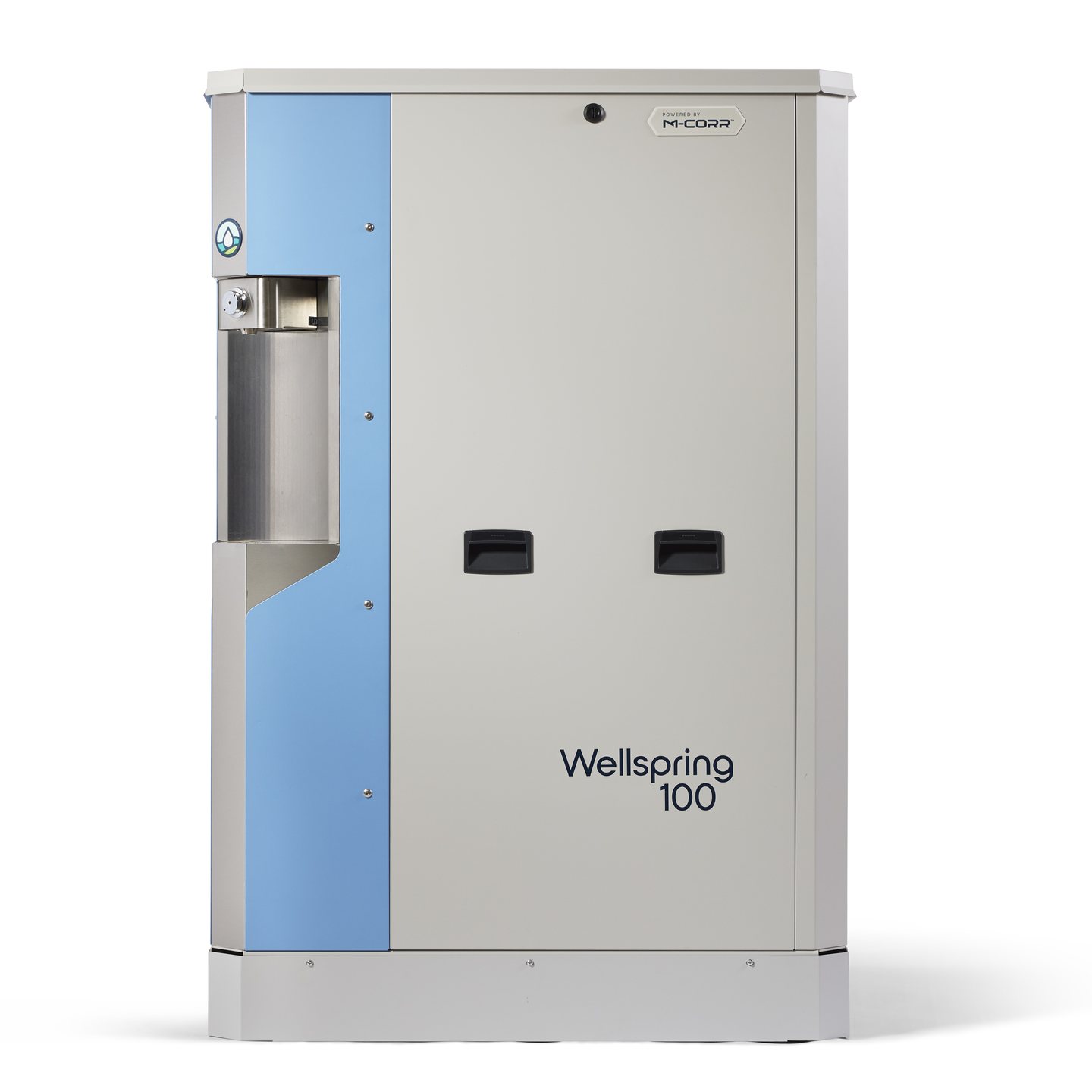 Origen Wellspring 100 self-filling atmospheric water generator kiosk, front elevation, showing the stainless bottle-fill dispense bay, Origen blue fascia and Powered by M-CORR badge.